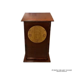 Handcrafted bespoke wooden pedestal lectern with engraved crest detail and polished hardwood finish