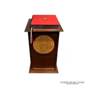 Handcrafted bespoke wooden pedestal lectern with engraved crest detail and polished hardwood finish